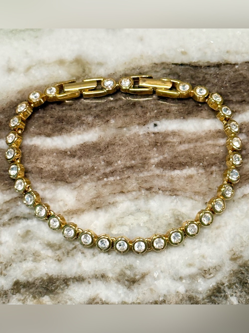 Swarovski Bezel Set Crystal Tennis Bracelet~Gold Plated~Vintage~Signed~Extender